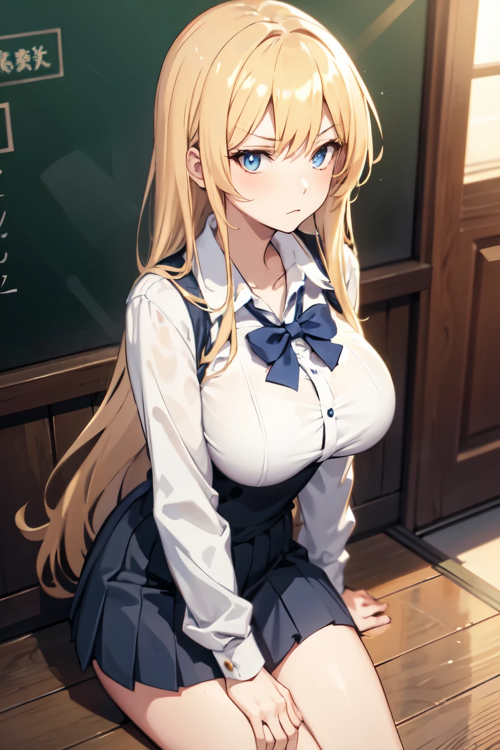 (schoolgirl)), ((anime)), 1girl, long hair, blond hair, hime cut, 2 sidelocks, stern expression, dark blue eyes, fair skin, big breasts, honor student
