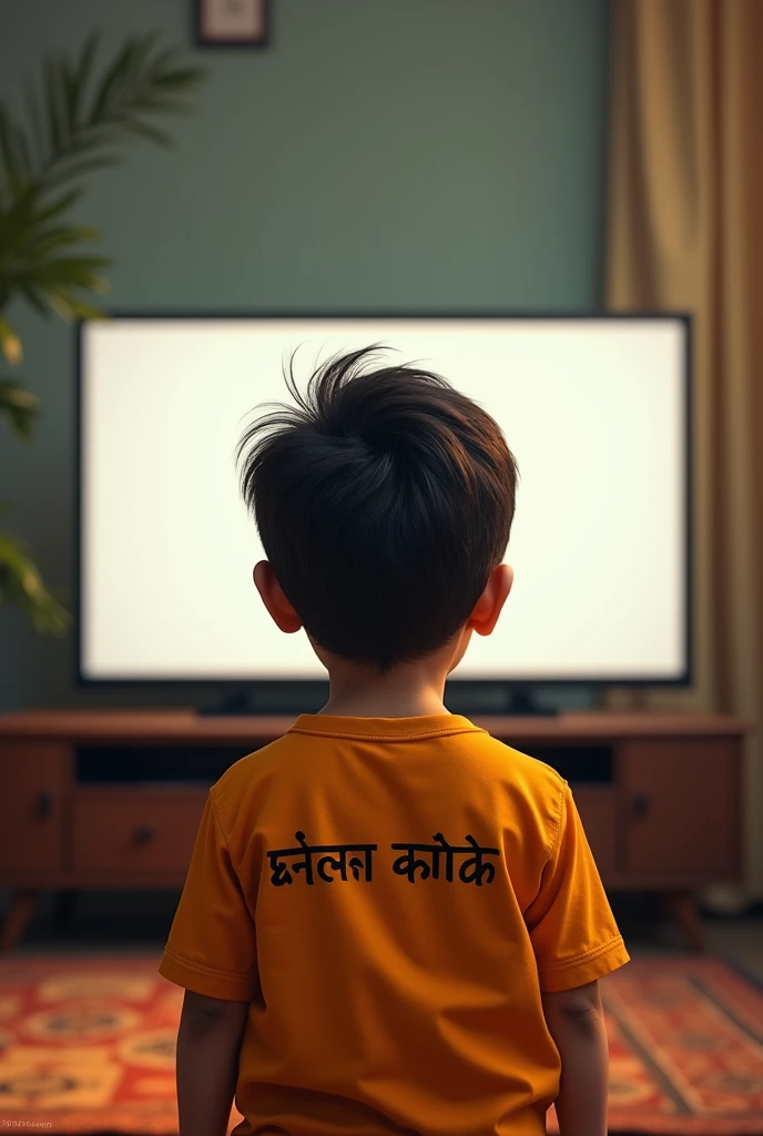 A boy watching TV, on the back of his shirt is written Radhe Radhe in Hindi and the shirt is of turmeric colour and the TV screen should look completely empty and fresh and the boy should be on the side at a little distance from the TV