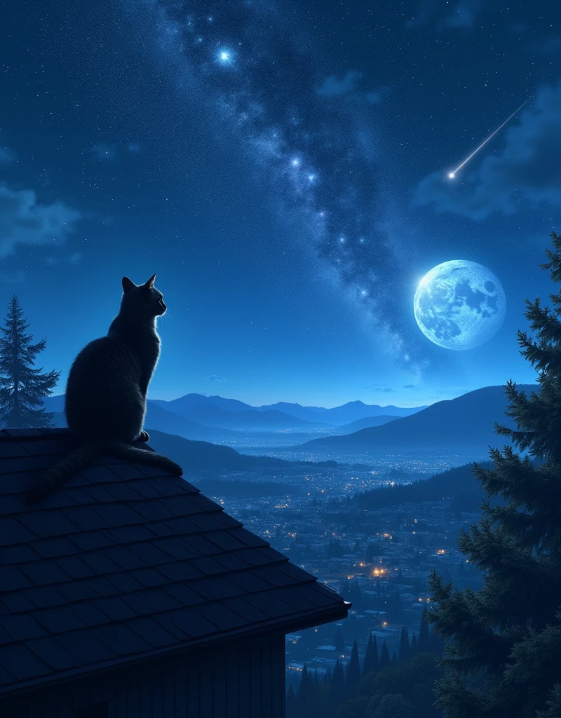 A cat in a roof top of a house, stares in to the distance, the beautiful sub urban city view with hills and mountains in background, starry night with beautiful Milky Way belt, subtle nebulae, trails of comet or meteor in the bright night sky with bluish silver moin-lit, incredible celestial night