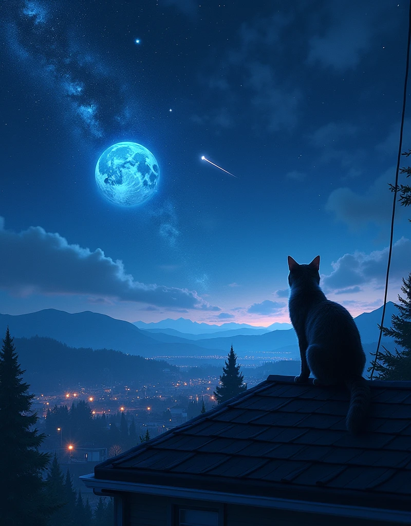 A cat in a roof top of a house, stares in to the distance, the beautiful sub urban city view with hills and mountains in background, starry night with beautiful Milky Way belt, subtle nebulae, trails of comet or meteor in the bright night sky with bluish silver moin-lit, incredible celestial night