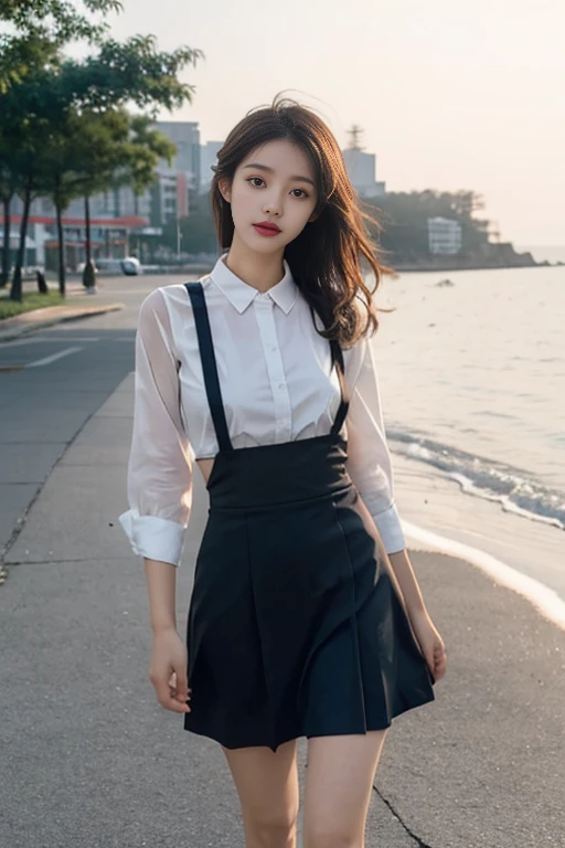 1 Girl,seaside,Soft Light,Chinese Beauty,Suspender Skirt