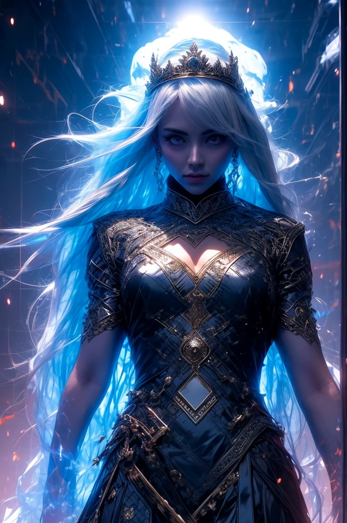 `an ice queen in a kingdom with the sun in the background, high definition, rich in details`