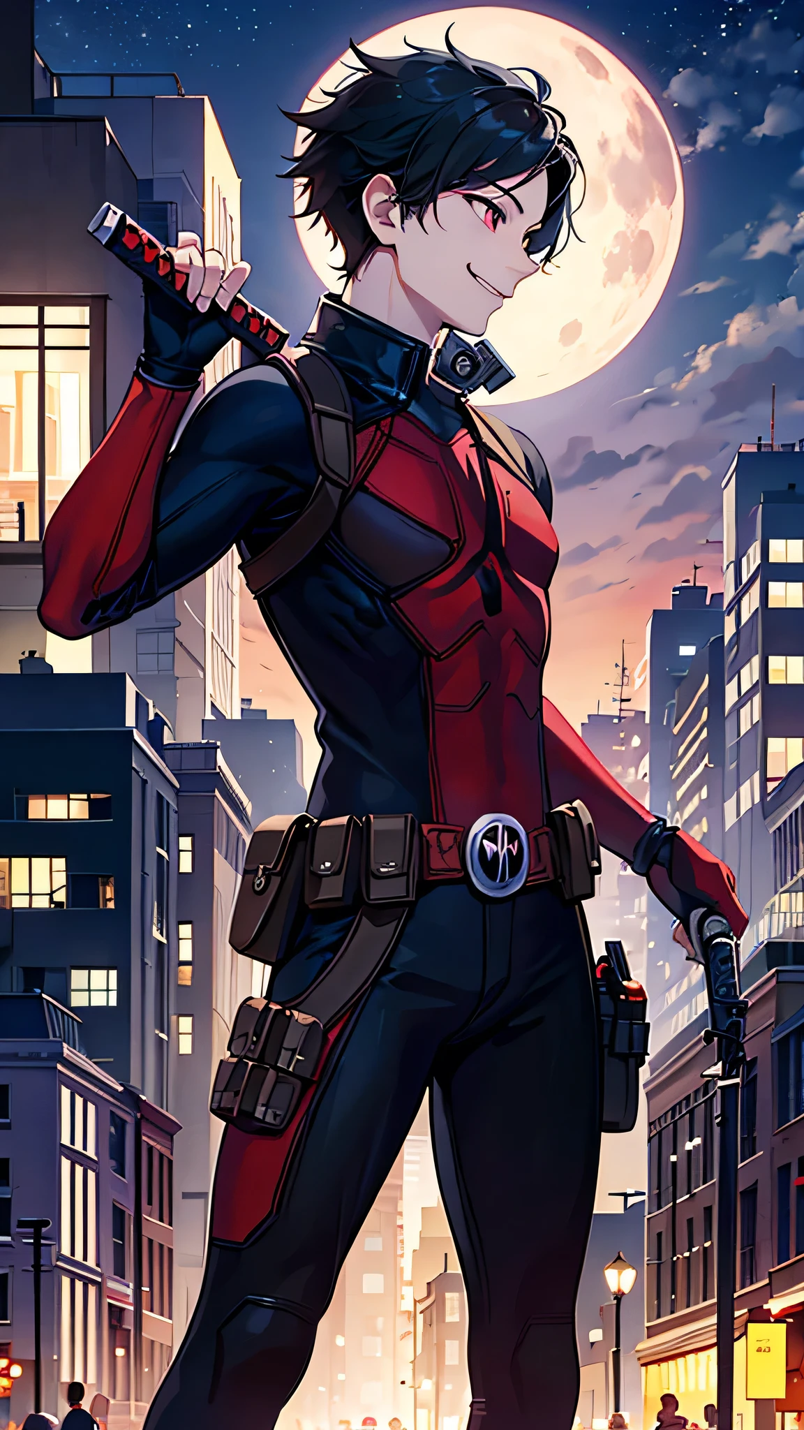Highest quality、A young man cosplaying as Deadpool、smile、profile、night、building、Black Hair、1 male