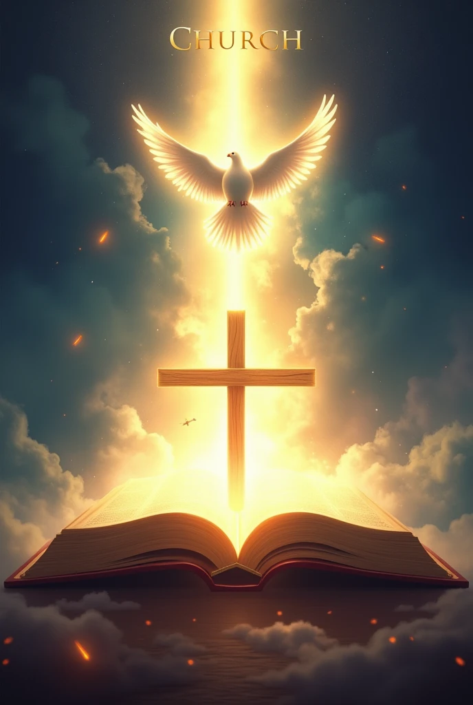 Bright Light shone from Bible with the cross in the middle and holy spirit on top of the cross like a dove, and write boldly "Light Walker's church" on the top, heavenly background