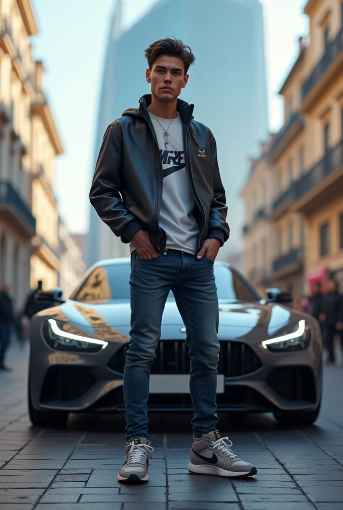 Young man standing in europ with brand car back ground big building wear jacket and jeans nike shoes
