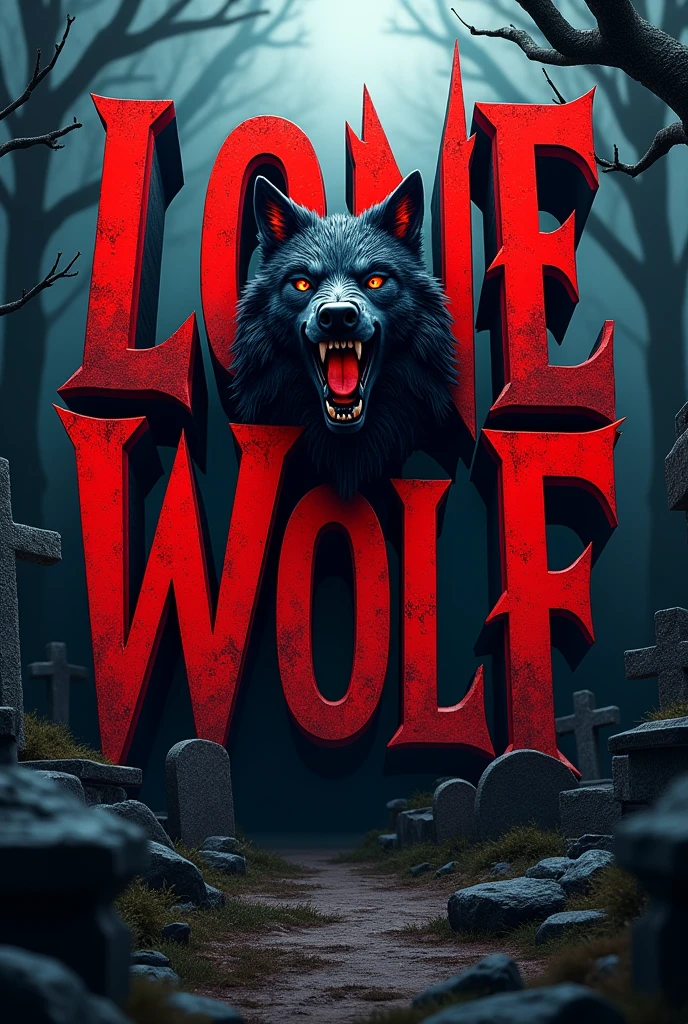 3D capital typografi font written "LoneWolf" bold,artistic,red black color with howling wolf head in the middle,and view of dark and spooky graveyard below