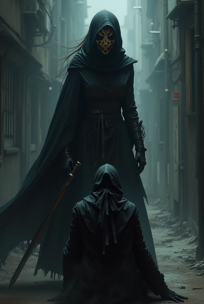 Enemy begs Japanese masked female assassin to spare her life