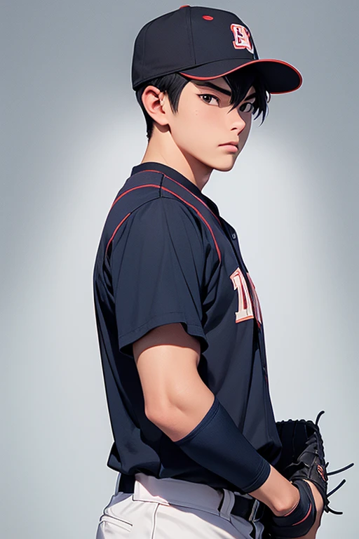 A high school baseball player named Daisuke Kazama standing confidently in his baseball uniform. He has a height of around 175-180 cm, with a balanced and muscular build typical of a dedicated athlete. His black or dark brown hair is cut short and styled neatly, with bangs slightly swept to the side. His face is sharp, with a slightly pointed chin and strong jawline, and his eyes are slightly slanted, giving him a focused and determined look. He is wearing a clean, well-fitted baseball uniform, complete with a cap, and he stands tall with a confident posture. His hands are relaxed by his sides, showing his readiness and calm demeanor before a game. The background is simple, focusing on Daisuke's strong presence in his uniform.