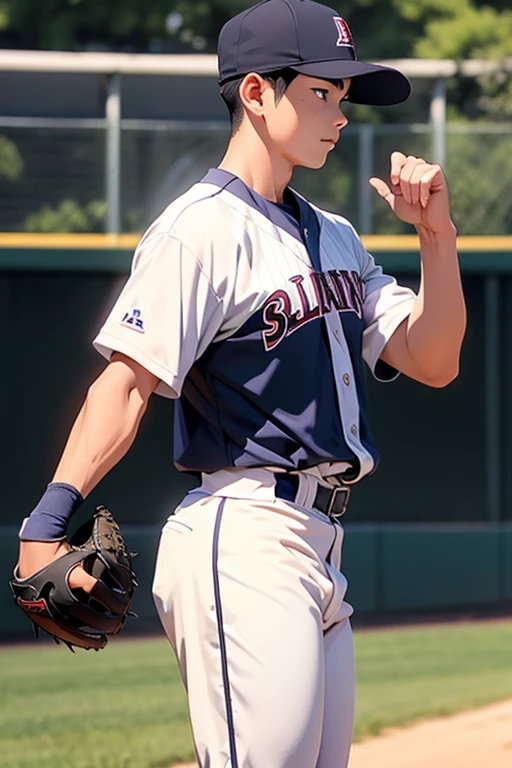 A high school baseball player named Daisuke Kazama standing confidently in his baseball uniform. He has a height of around 175-180 cm, with a balanced and muscular build typical of a dedicated athlete. His black or dark brown hair is cut short and styled neatly, with bangs slightly swept to the side. His face is sharp, with a slightly pointed chin and strong jawline, and his eyes are slightly slanted, giving him a focused and determined look. He is wearing a clean, well-fitted baseball uniform, complete with a cap, and he stands tall with a confident posture. His hands are relaxed by his sides, showing his readiness and calm demeanor before a game. The background is simple, focusing on Daisuke's strong presence in his uniform.