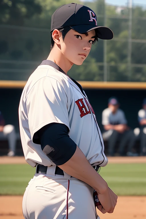 A high school baseball player named Daisuke Kazama standing confidently in his baseball uniform. He has a height of around 175-180 cm, with a balanced and muscular build typical of a dedicated athlete. His black or dark brown hair is cut short and styled neatly, with bangs slightly swept to the side. His face is sharp, with a slightly pointed chin and strong jawline, and his eyes are slightly slanted, giving him a focused and determined look. He is wearing a clean, well-fitted baseball uniform, complete with a cap, and he stands tall with a confident posture. His hands are relaxed by his sides, showing his readiness and calm demeanor before a game. The background is simple, focusing on Daisuke's strong presence in his uniform.