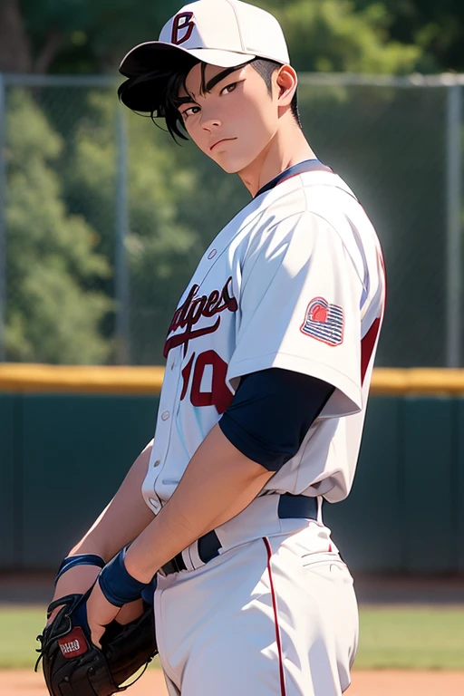 A high school baseball player named Daisuke Kazama standing confidently in his baseball uniform. He has a height of around 175-180 cm, with a balanced and muscular build typical of a dedicated athlete. His black or dark brown hair is cut short and styled neatly, with bangs slightly swept to the side. His face is sharp, with a slightly pointed chin and strong jawline, and his eyes are slightly slanted, giving him a focused and determined look. He is wearing a clean, well-fitted baseball uniform, complete with a cap, and he stands tall with a confident posture. His hands are relaxed by his sides, showing his readiness and calm demeanor before a game. The background is simple, focusing on Daisuke's strong presence in his uniform.