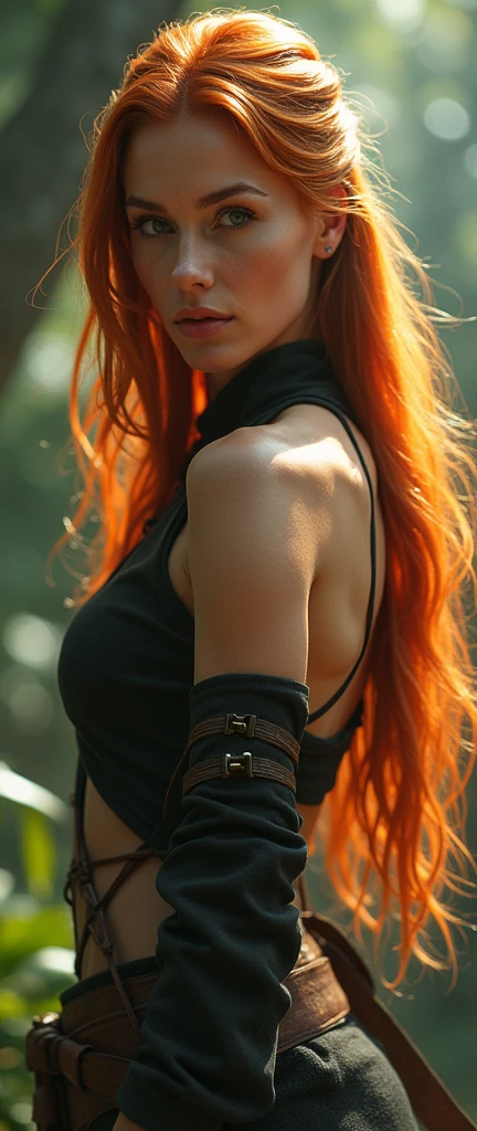 a supermodel cocksure and self-confident female warrior, vibrant and lush, with smooth long ginger hair, in a dynamic battle pose, hyper-realistic, 4k, 16k, ultra-detailed, dramatic lighting, cinematic, photorealistic, intricate, masterpiece