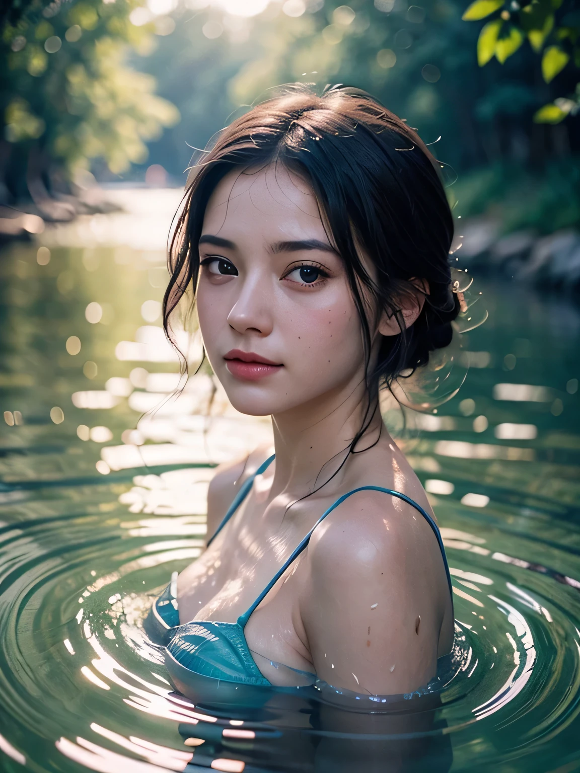 close-up portrait of a cute woman (the gld) swimming in the river, already, (Backlight), realistic, masterpiece, top quality, lens flare, shade, blossom, [[chromatic aberration]], Jeremy Lipking, Antonio J.. Mansanedo, digital painting,
