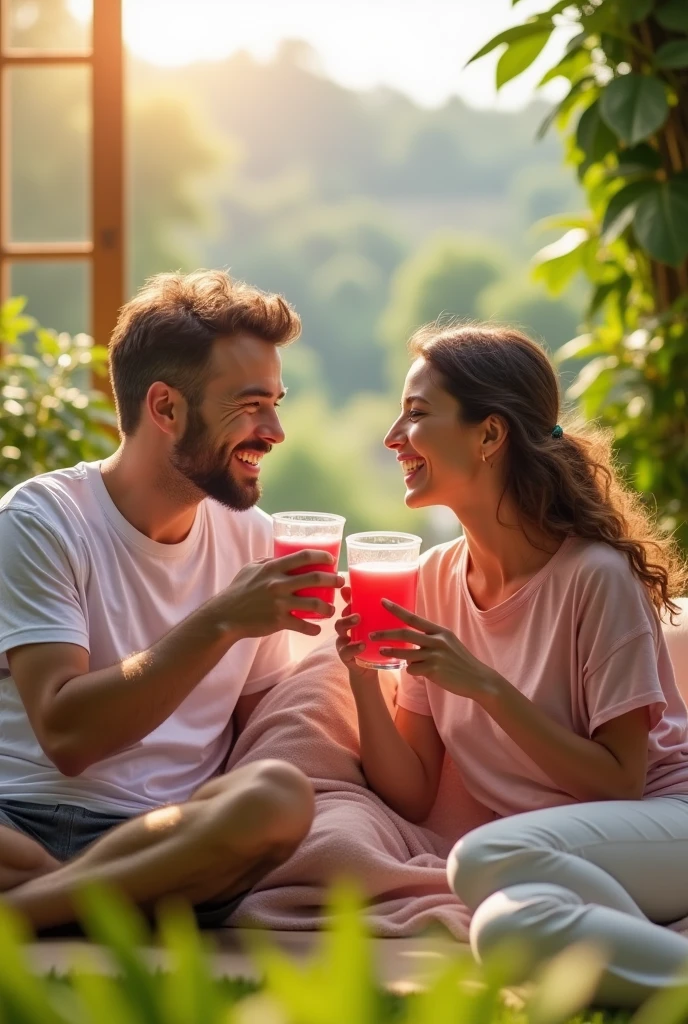 Healthy home and wife couple drinking pink juice in outdoor place