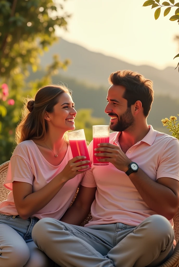Healthy home and wife couple drinking pink juice in outdoor place