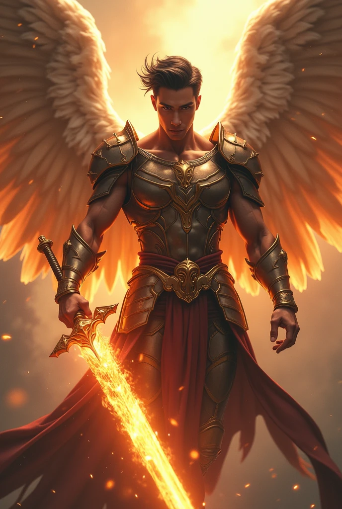 masterpiece, best quality, realistic, ultra detailed, movie poster style, dungeons and dragons character design, celestial, cute bruneian man with round face, soft facial features, muscular, stylish dark hair, majestic white angel wings, homoerotic heavy armor, swooping towards camera, dramatic slashing with magical flaming sword towards camera, god rays, extremely dramatic lighting, perfect fingers, perfect hands, perfection