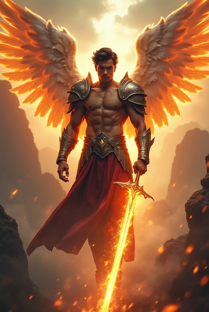 masterpiece, best quality, realistic, ultra detailed, movie poster style, dungeons and dragons character design, celestial, cute bruneian man with round face, soft facial features, muscular, stylish dark hair, majestic white angel wings, homoerotic heavy armor, swooping towards camera, dramatic slashing with magical flaming sword towards camera, god rays, extremely dramatic lighting, perfect fingers, perfect hands, perfection