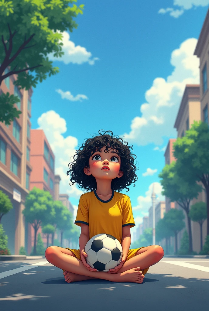 with curly black hair and black eyes in a yellow soccer t-shirt and shorts is sitting on the street daydreaming and looking at the sky, holding a soccer ball in her hand 