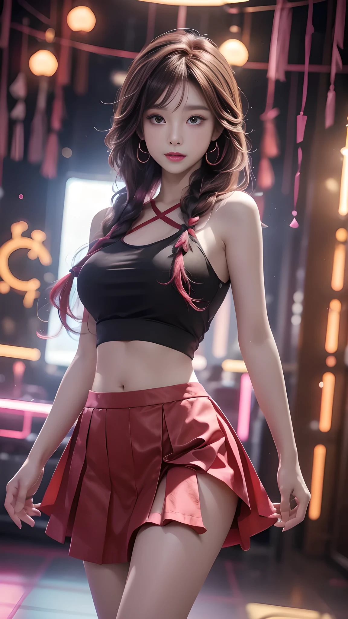 ulzzang-6500-v1.1, (RAW photo: 1.2), (Real photo), (Real photo: 1.4), 1 girl、Perfect anatomy、1、Looking at the camera、Medium length hair、side braid, red dance skirt, dancing in a lively disco, under colored lights, (( in the disco night: 1.1))、(Business service)、Asian eyes Ella,