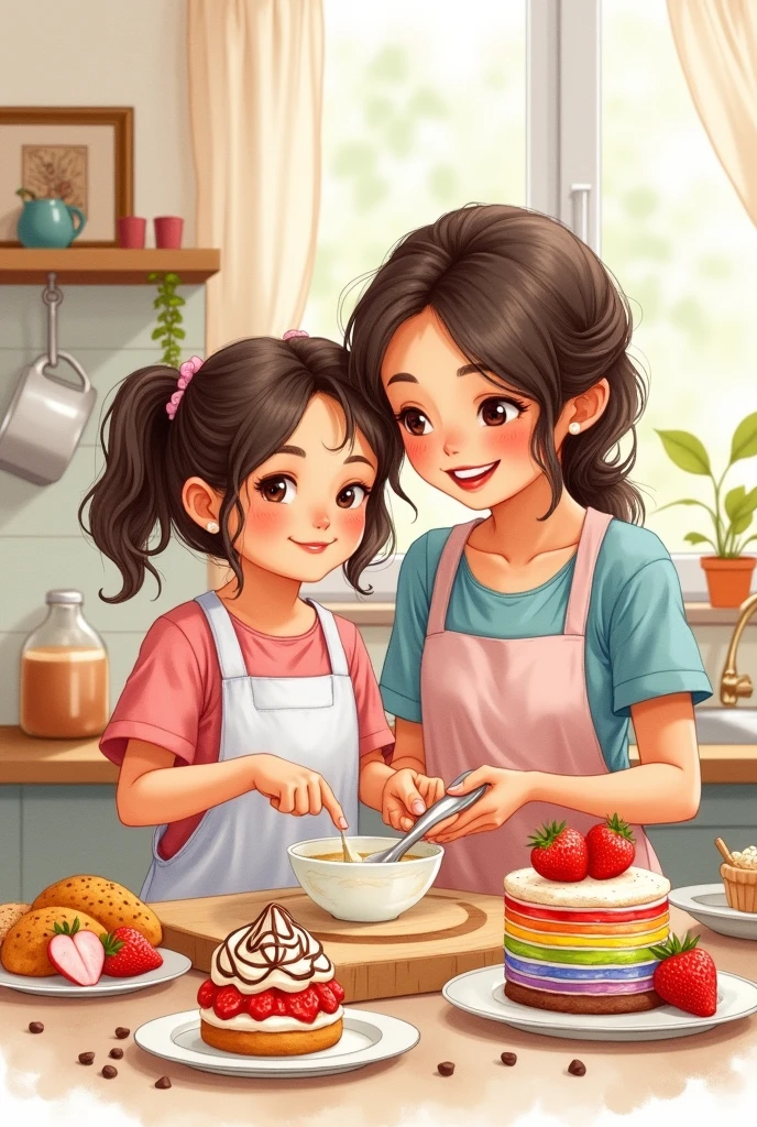 Create a water colour theme of this story "Vina and her mom began by mixing the ingredients for the cookies. Vina loved stirring the chocolate chips into the dough. The smell of warm cookies filled the kitchen, making her even more excited.
Next, they prepared the strawberry shortcake. Vina carefully sliced the fresh strawberries and layered them with fluffy cake and creamy whipped cream.
The final surprise was a magical dessert that Vina’s mom had invented. It was a rainbow parfait with layers of colorful fruits and creamy yogurt. It looked like a delicious rainbow in a glass!"
