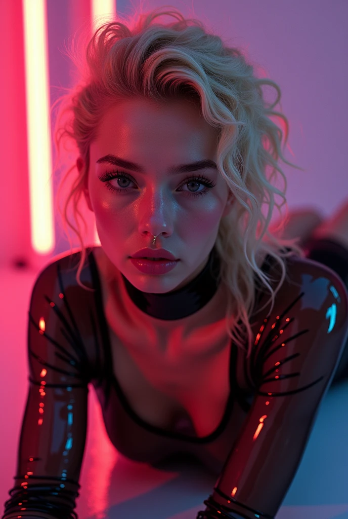 blond woman, young, naked, very curly mullet, septum piercing, dimples, thick collar around neck, naughty expression, woman laying on floor, transparent shiny latex bodysuit, neon lights, close-up, UHD, retina, masterpiece, accurate, anatomically correct, textured skin, super detail, high details, high quality, award winning, best quality, highres
