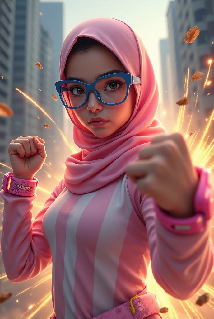 Malaysia women a realistic masterpiece. Human .wear pint watch.. 1girl wearing a hijab, detailed beautiful face, Hijab Muslim. Wear long sleeve moder design pink white pink stripe white. anger face, minimalist flower on shirt. Enger face. Open mouth. Glowing power pink.wear pink singlet . Wear pink white.small Safety Pink yellow glasses google spectacle top of the head rubber band. Age 15 year old. Flying position. Fast fly. Panning effect Photography . Jump on and have a super strong power.. punch . Fight pose. Bokeh background. fist front.. At the city. Bad waether. , detailed lips, long eyelashes. Hero, modest expression, delicate facial features, natural skin tones, , detailed folds and textures of hijab, natural lighting, high quality, photorealistic, 8k, best quality. Malaysia girl. Floating small stone and dry leave. ). Running effect. Glowing yellow power. Runfast effect. Wear blue big glasses big frame. Braces teeth. Boleh background. Panning effect.pink high tech watch. flying high on sky.