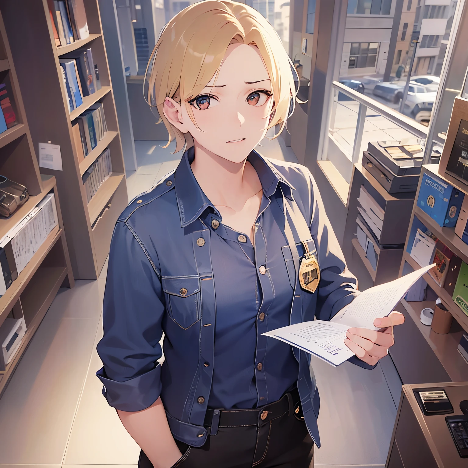 shiny skin,masterpiece,Highest quality,BREAK (A 29-year-old man:1.5) and (Blonde short hair) and (Orange eyes),(Wearing a shirt)BREAK,(Annoyed face),Background in the office,Alone,(holding documents in hand),(Biologically correct5Finger)