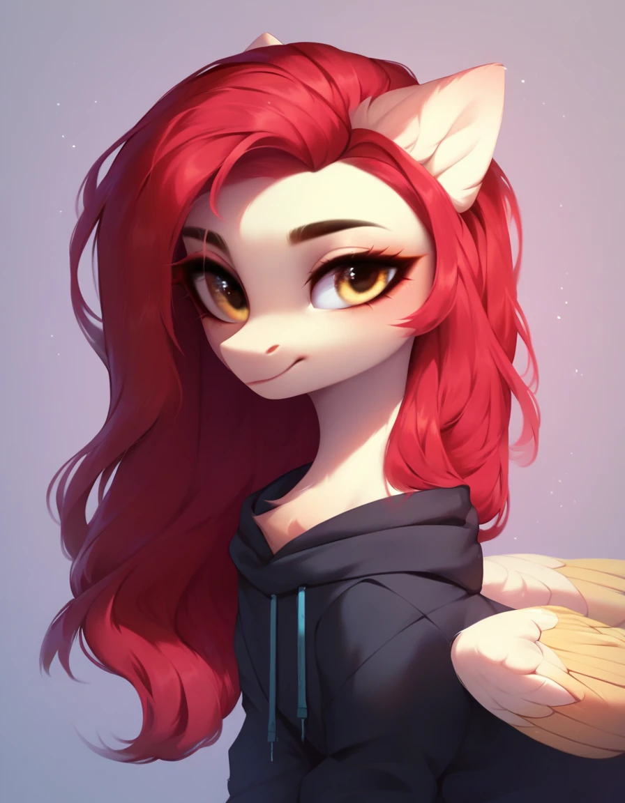 (work of art, Maximum quality, best qualityer, offcial art, beautiful and aesthetic:1.2), A pony with a long red mane, long straight red hair, Caucasian skin, gold eyes, Pegasus wings and a black sweatshirt.
