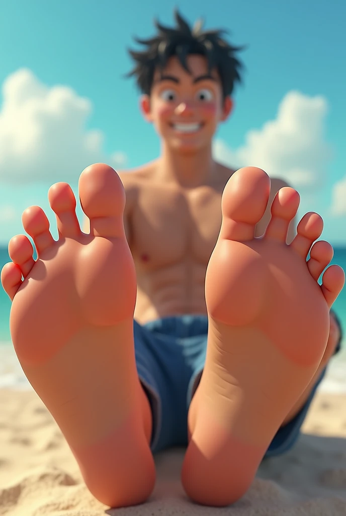 Imagen animada de estilo realista en HD de Hiro Hamada descalzo mostrando la planta de sus pies cerca de la cámara por debajo 
Sentado en la playa sonriendo sin camisa 
Mostrando las plantas de sus pies 
4 dedos y 1 pulgar en cada pie 
2 pies 👣 
Mostrando six pack
Mostrando textura realista suave 
Mostrando detalles de iluminación en sus pies 
Mostrando pies perfectos 