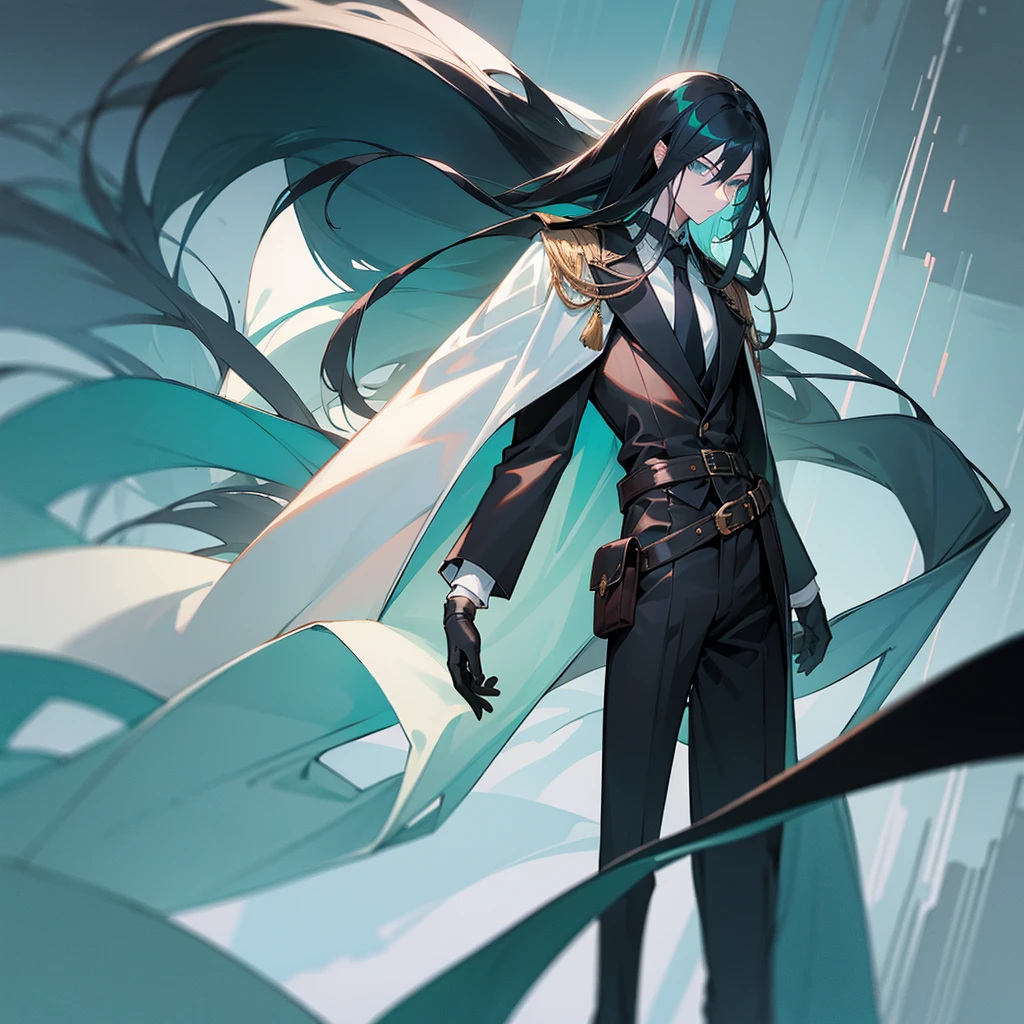 man, male, schoolboy, standing, looking at viewer, long hair, straight hair, black hair, aqua eyes, pale skin, tall, athletic, slender, coat, pants, gloves, waist bag, belt, warrior, fantasy