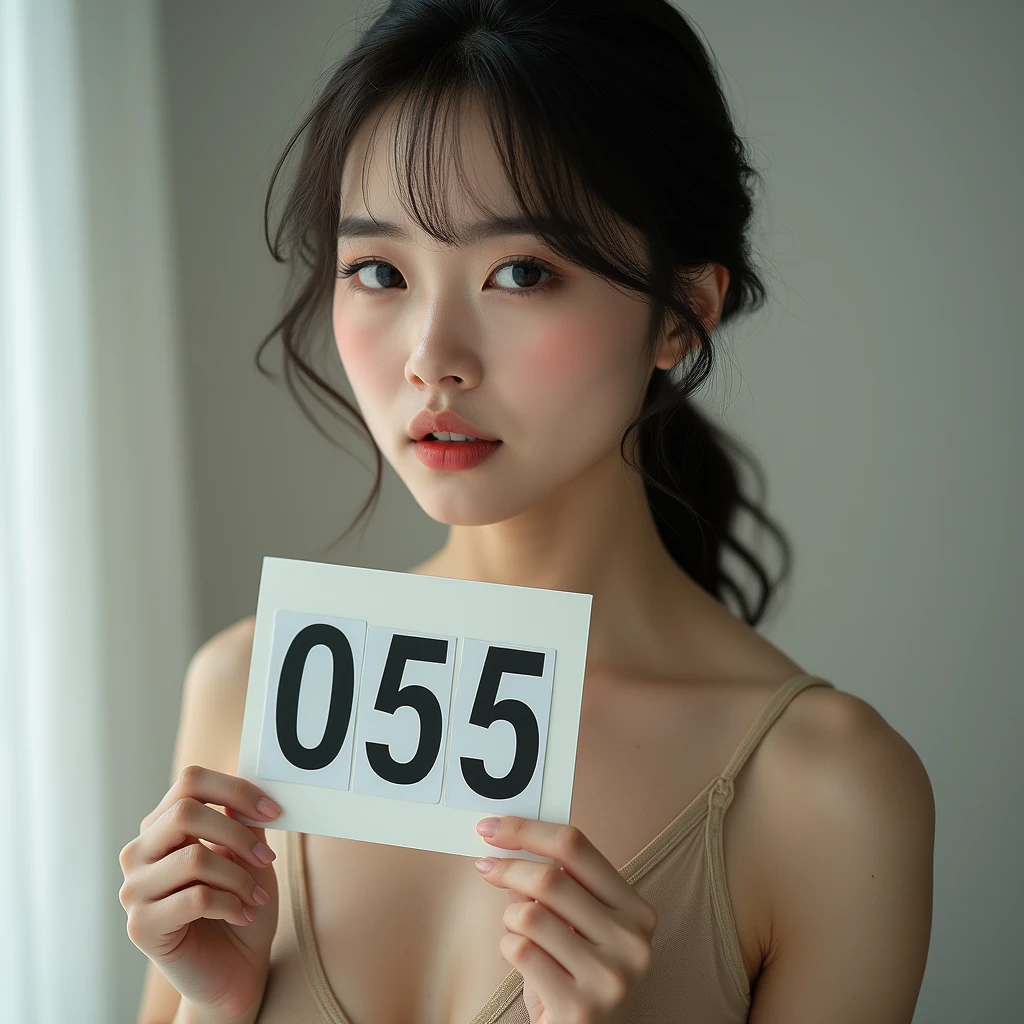 Asian Beauty，Ultra-fine skin texture，Sweaty body stockings，Holding a sign, The sign has "055" It says , Ultra-high-resolution photos