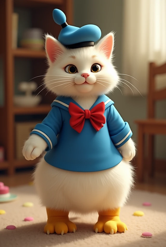 A cute cat wearing a Disney Donald Duck costume, standing up from behin
