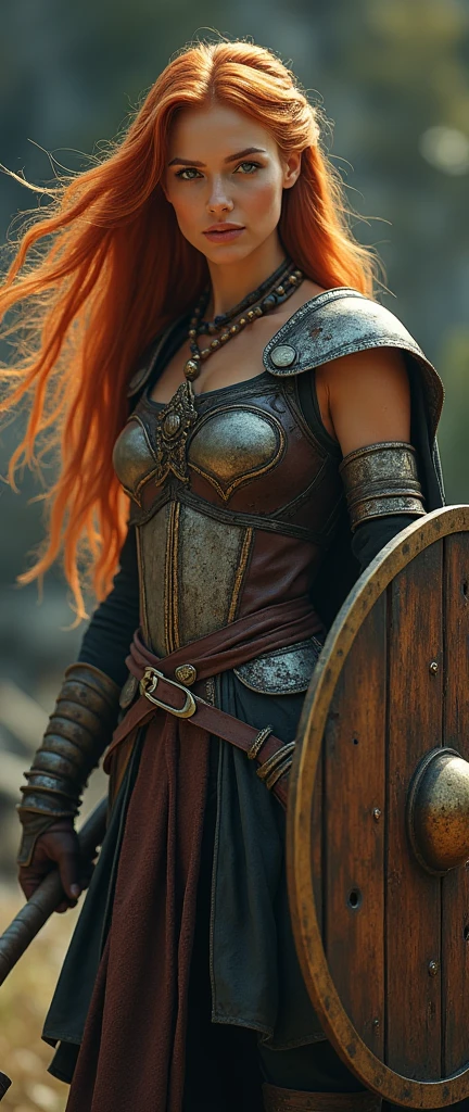 a supermodel cocksure and self-confident female warrior, vibrant and lush, with smooth long ginger hair, in a dynamic battle pose, with Viking axe and norse shield hyper-realistic, 4k, 16k, ultra-detailed, dramatic lighting, cinematic, photorealistic, intricate, masterpiece