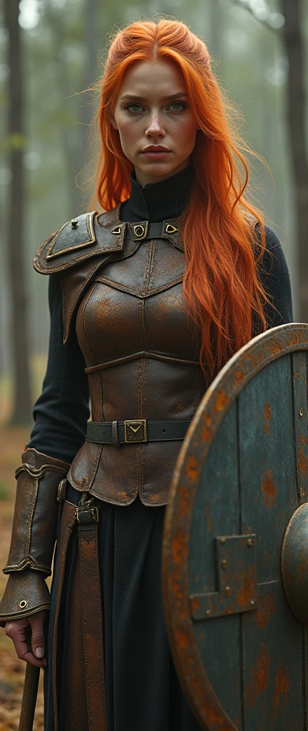 a supermodel cocksure and self-confident female warrior, vibrant and lush, with smooth long ginger hair, in a dynamic battle pose, with Viking axe and norse shield hyper-realistic, 4k, 16k, ultra-detailed, dramatic lighting, cinematic, photorealistic, intricate, masterpiece