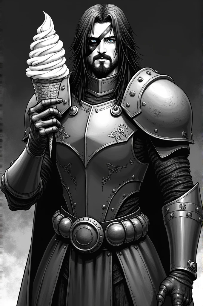 "A man in Guts' armor from 'Berserk' stands confidently, holding a large ice cream. He has a scar over one eye and his hair is styled like Griffith's, with long, flowing locks. The ice cream features intricate details and a realistic texture. The art style should be black and white manga, with detailed linework, dramatic shading, and a dark, intense atmosphere."