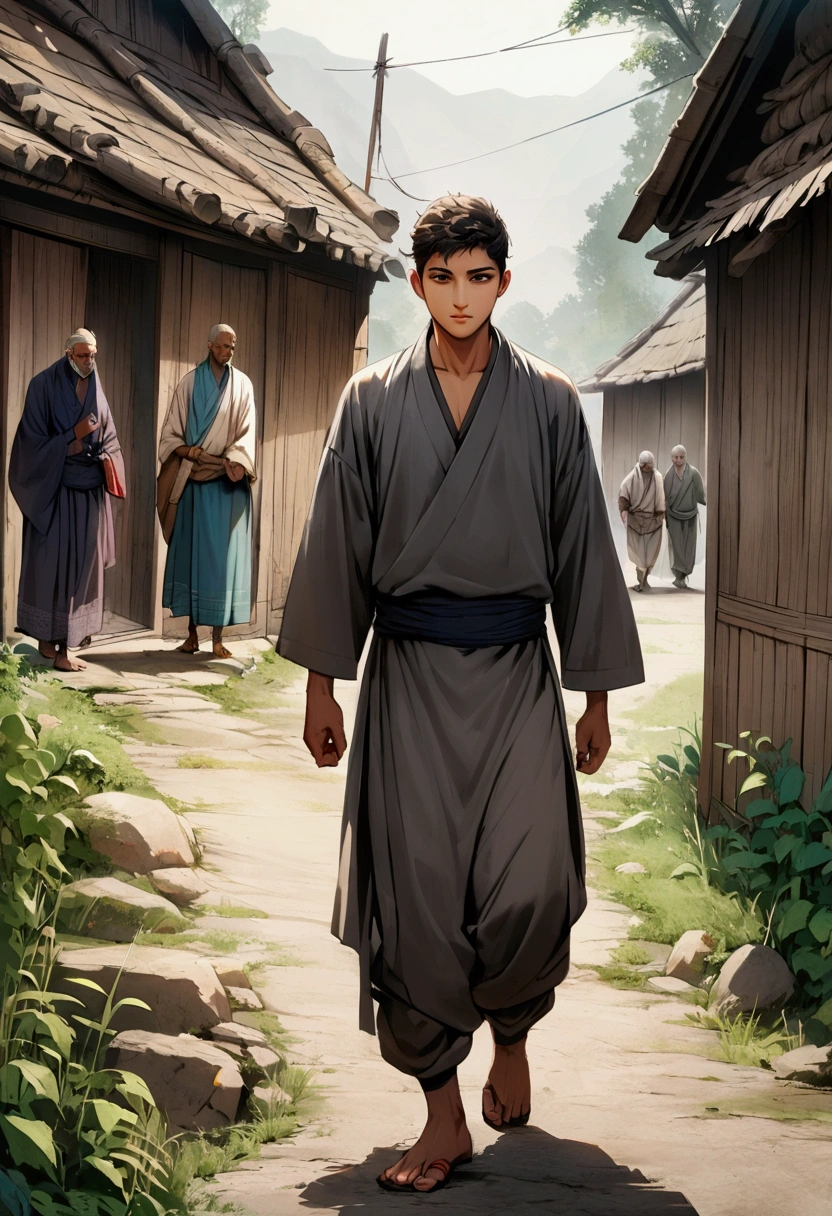 Mahesh, along with his friends Ramu and Kali, walks outside the village.