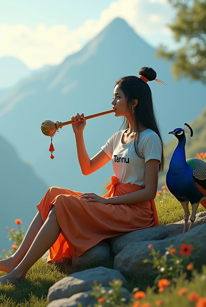 3D image of 20 year old Indian Girl who is sitting next to krishna ji and Krishna ji playing the flute, they both sit together on the mountain, Girl wearing T-shirt Name tanu” written on it, make sure text shout be misspelled, heaven like beautiful view background, peacock dancing,realistic image and Girl is in barefoot.