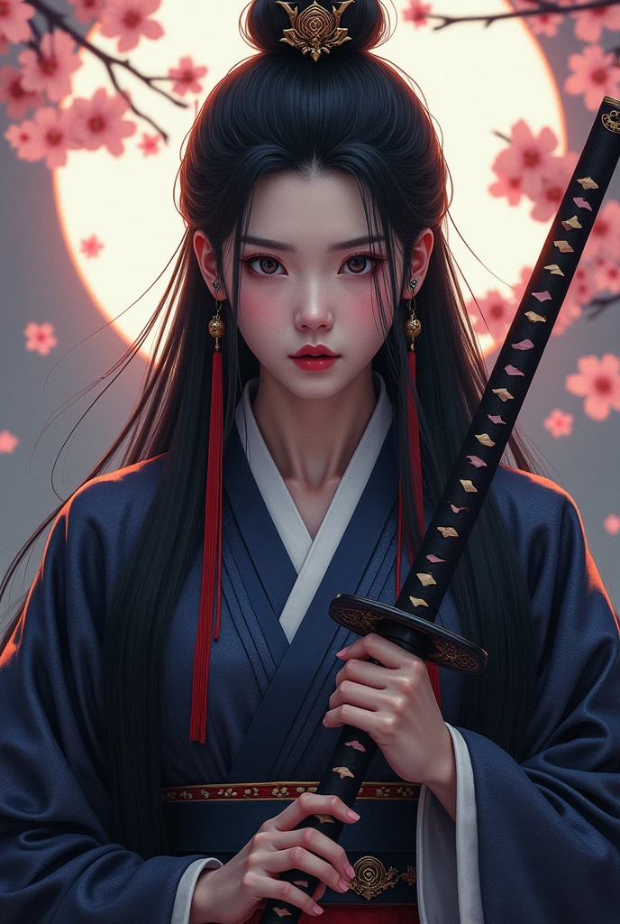 Beautiful samurai, porcelain skin, long black hair, With seriousness, intense expression, Traditional Japanese samurai costume decorated with, Highly detailed clothes, (Holding a Japanese sword:1.5),The Artistic Style of Harrison Fisher and Catrin Welz-Stein, bright colors, Highly detailed, full figure, Cinematic Moonlight, Cherry blossom background, Drama pose, elegant, elegant, king, complicated details, Masterpiece, realistic, 8ก, best quality,(look at viewer:1.5)