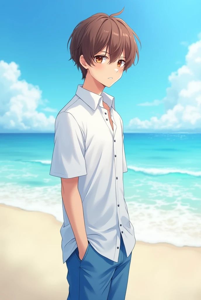 Anime boy short brown hair skin color white and blue beach shirt white and blue pants