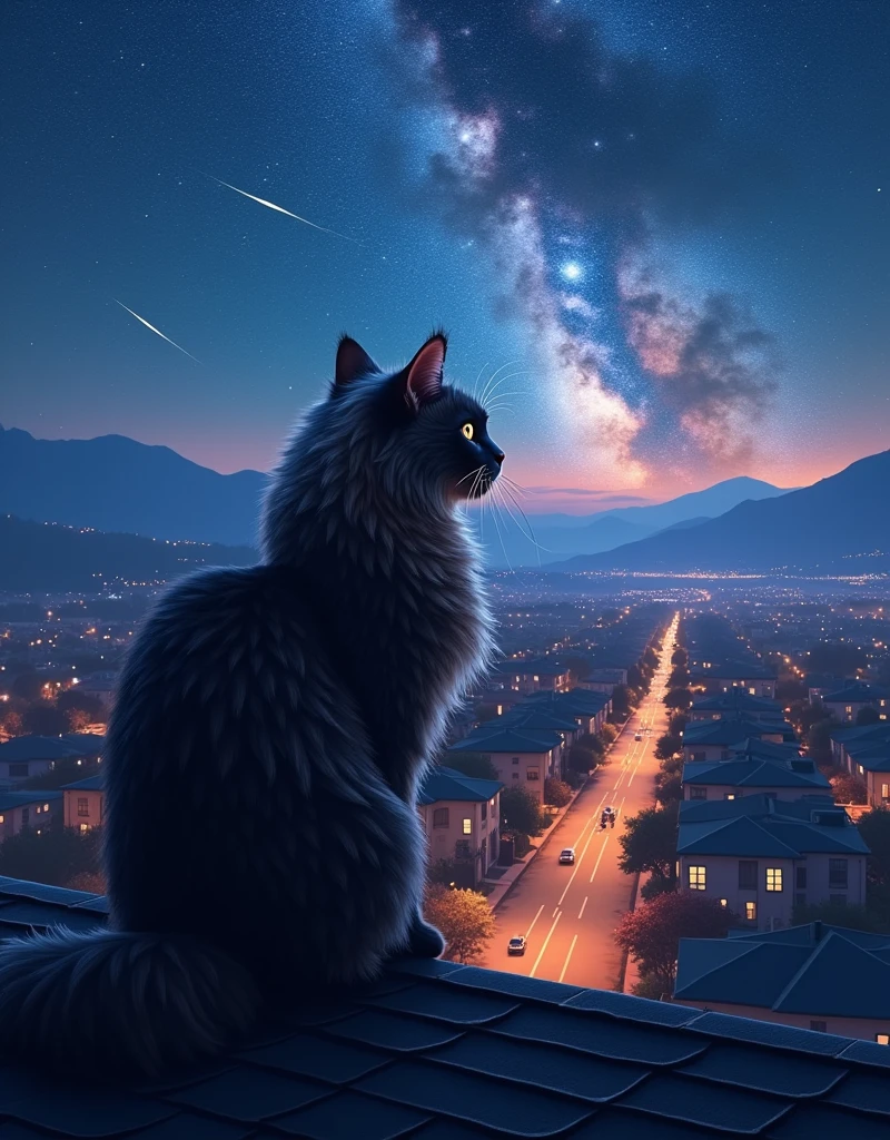 A Mainecoon cat in a roof top of a house, stares in to the distance, the beautiful sub urban city view, vibrant rown lamps, with hills and mountains in background, starry night with beautiful Milky Way belt, subtle nebulae, trails of comet or meteor in the bright night sky with bluish silver moon-lit, incredible celestial night