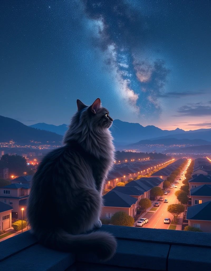A Mainecoon cat in a roof top of a house, stares in to the distance, the beautiful sub urban city view, vibrant rown lamps, with hills and mountains in background, starry night with beautiful Milky Way belt, subtle nebulae, trails of comet or meteor in the bright night sky with bluish silver moon-lit, incredible celestial night