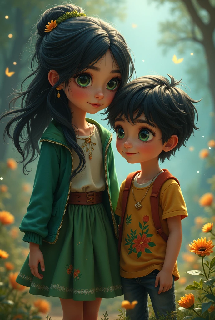 a young girl and a young boy, from fantasy world, she has jet black hair and green eyes