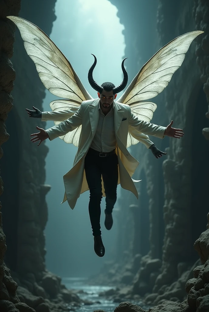 A 28 years man who has fairy wings and horns flying in tha air,a black aura release from his body ,he wearing a white coat and black pant and the background have a dungeon..he is flying at least 20 miter from the land