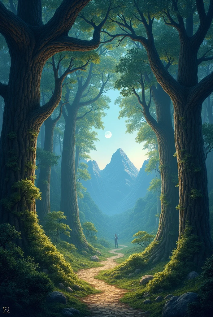 Viral anime nature wallpaper in 4K quality, in the style of digital painting inspired by Tolkien’s Middle-earth, featuring a grand forest with ancient trees, mysterious paths, and a distant mountain range under a starlit sky; warm and epic color temperature, cosmos lighting with stars twinkling in the sky, no human characters, the atmosphere is adventurous and majestic --v 5 --stylize 1000