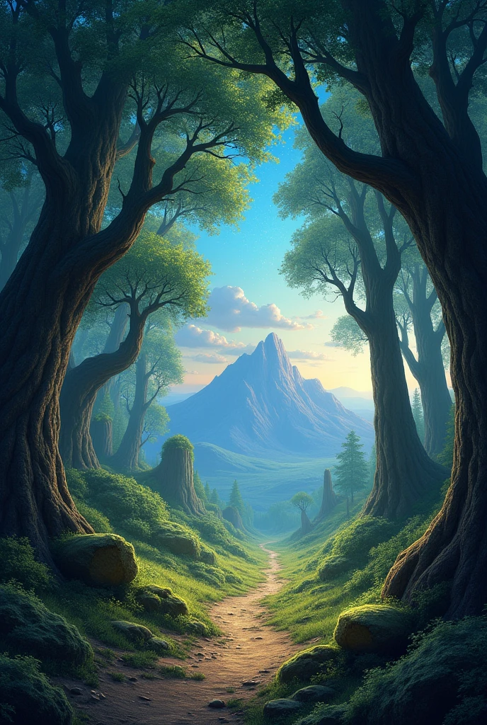 Viral anime nature wallpaper in 4K quality, in the style of digital painting inspired by Tolkien’s Middle-earth, featuring a grand forest with ancient trees, mysterious paths, and a distant mountain range under a starlit sky; warm and epic color temperature, cosmos lighting with stars twinkling in the sky, no human characters, the atmosphere is adventurous and majestic --v 5 --stylize 1000