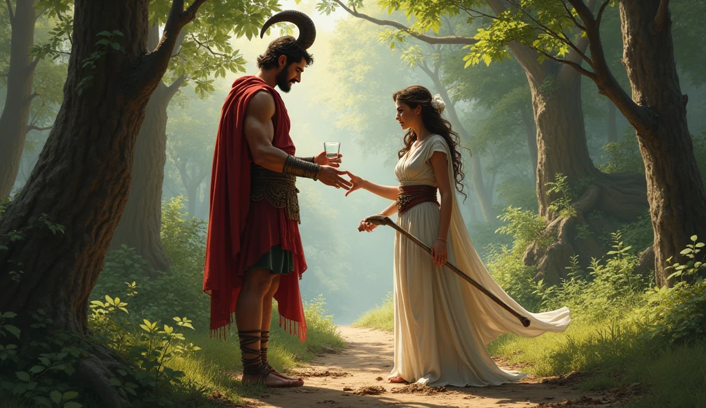 Handsome Roman without Horn Jinn give glass of water to beautiful Roman lady cutting wood's forest pathway  