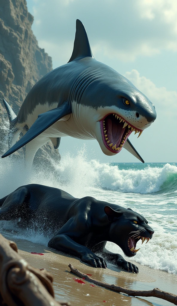 Shark agresive jumping on a dead black panther that it fought by the sea shore