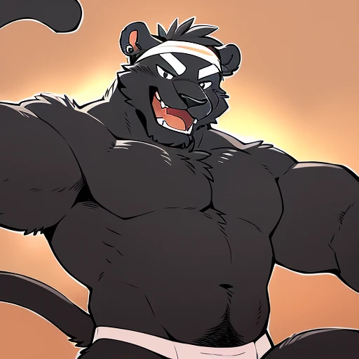 by takemoto arashi, ((full body)), (1boy), solo, male anthro, kemono, hot body, hunk, sexy, bara, handsome boy, (masterpiece, high res, best quality, watercolor shading), 4k, soft skin, Physical man, furry art, professional furry drawing, (((black panther, plain black fur all over his body solid black fur, soft muscle definition,  self-black cat, small chest, miniscule lat miscles, stubby arms, short, wide lean waist, vey short thick scruffy fur))), scratch marks on shoulders, thick hands, short round muzzle, chewing on toothpick, tiny twig in his teeth, major overbite, large chin, short round snout, tired eyes, tiny lines for pupils, thick white eyebrows, round pierced bear ears, perfectly circular front facing bear ears, small gold cuff earrings on one ear, helix ear-piercing, orbital ear piercing, thin cat nose, white sumo garb, thick bulky waistband, ((white short narrow headband tied around his forehead, white hachimaki, thin white sweatband on his forehead)), flat stomach, tuft of white chest hair, thin white mohawk, thin white pubic hair,  (((black underbelly, his underbelly is the same color as the rest of his body, one color fur, solid color body, black torso and mouth, perfectly square silhouette))), bored emotion, neutral expression, calm face, closed mouth