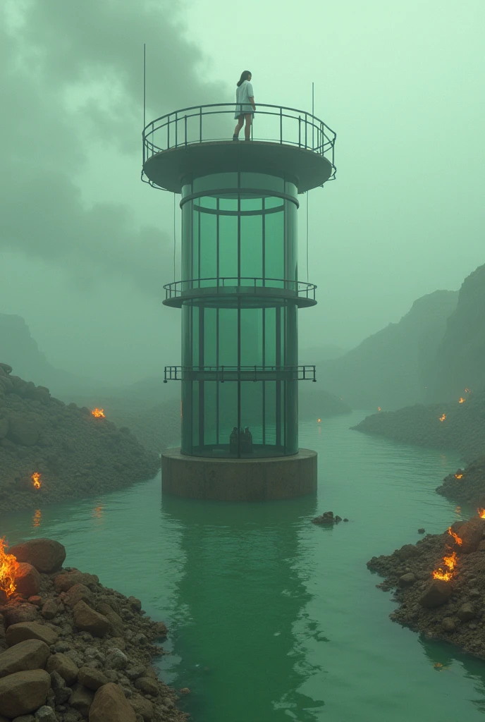 dreamlikeart, A girl, a researcher at a petrochemical plant, sits atop a tower made of glass. She stands in the middle of a big and muddy lake filled with phlogon. The water beneath shows a dramatic green-colored river running through it. There are burning ropes and stones, splashing water, sunken city below. It feels like home. Cinematic lighting, Cinematic Movie Photograph, Arri Alexa, Extremely Detailed, smooth, very very clean, 8K, octane render, maya render, unreal engine, trending on artstation, DSLR, excellent composition, center frame