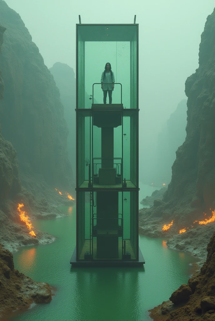 dreamlikeart, A girl, a researcher at a petrochemical plant, sits atop a tower made of glass. She stands in the middle of a big and muddy lake filled with phlogon. The water beneath shows a dramatic green-colored river running through it. There are burning ropes and stones, splashing water, sunken city below. It feels like home. Cinematic lighting, Cinematic Movie Photograph, Arri Alexa, Extremely Detailed, smooth, very very clean, 8K, octane render, maya render, unreal engine, trending on artstation, DSLR, excellent composition, center frame